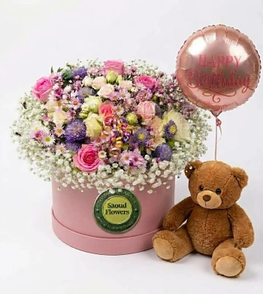 Pink Floral Box with Teddy and Balloon